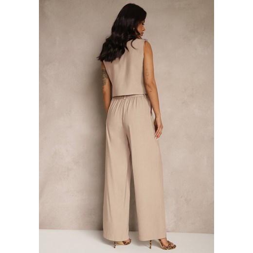 Beżowy Wiskozowy Komplet o Garniturowym Kroju Kamizelka i Spodnie Soreya Renee S wyprzedaż renee.pl