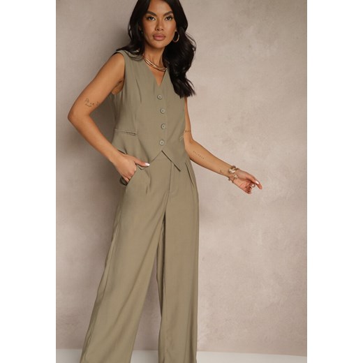 Zielony Wiskozowy Komplet o Garniturowym Kroju Kamizelka i Spodnie Soreya Renee S wyprzedaż renee.pl