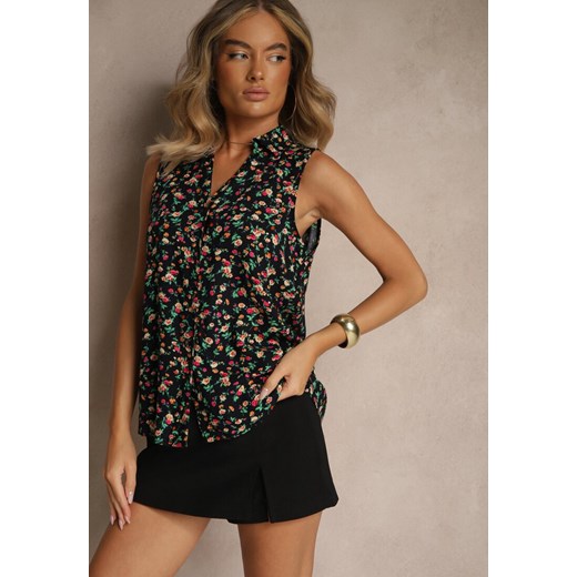 Granatowa Wiskozowa Koszula w Kwiaty bez Rękawów Sarionna Renee XL renee.pl