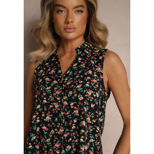 Granatowa Wiskozowa Koszula w Kwiaty bez Rękawów Sarionna Renee M renee.pl