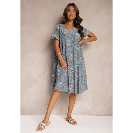 Niebieska Rozkloszowana Sukienka z Wiskozy w Kwiaty Rivanira Renee ONE SIZE renee.pl