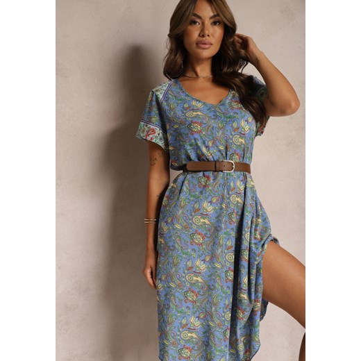 Niebieska Rozkloszowana Sukienka z Wiskozy w Kwiaty Rivanira Renee ONE SIZE renee.pl