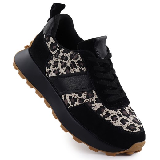 Skórzane sneakersy na platformie w panterkę czarne Vinceza 66793 ze sklepu ButyModne.pl w kategorii Buty sportowe damskie - zdjęcie 182004197
