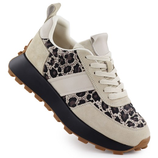 Skórzane sneakersy na platformie w panterkę beżowe Vinceza 66793 beżowy ze sklepu ButyModne.pl w kategorii Buty sportowe damskie - zdjęcie 182004198