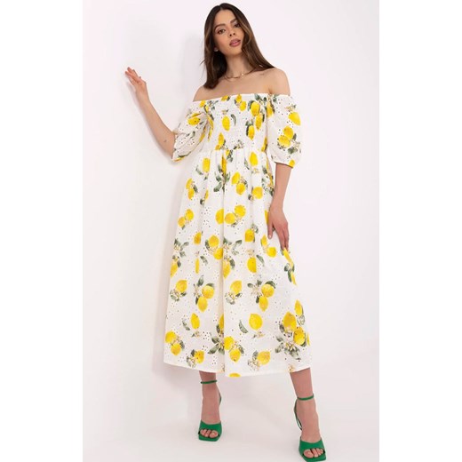 Midi sukienka damska w cytryny MI-SK-530-1.99, Kolor ecru-żółty, Rozmiar uniwersalny, ITALY MODA ze sklepu Primodo w kategorii Sukienki - zdjęcie 182006508