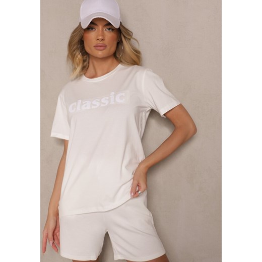 Biały Bawełniany T-shirt Zdobiony Napisem z Cyrkonii Deleire ze sklepu renee.pl w kategorii Bluzki damskie - zdjęcie 182018497