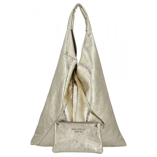 Włoska Torebka Skórzana Shopper Bag z Małą Kosmetyczką 5820S Złota ze sklepu PaniTorbalska w kategorii Torby Shopper bag - zdjęcie 182018778