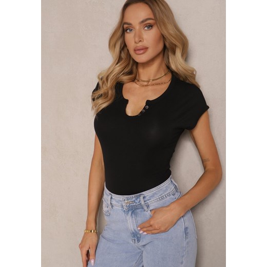 Czarny Dopasowany T-shirt z Ozdobnymi Guziczkami i Wycięciem przy Dekolcie Benolla ze sklepu renee.pl w kategorii Bluzki damskie - zdjęcie 182020357