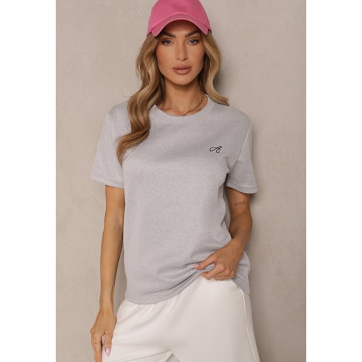 Jasnoszary T-shirt Zdobiony Minimalistycznym Haftem Galeneria ze sklepu renee.pl w kategorii Bluzki damskie - zdjęcie 182020405