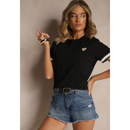Czarny Bawełniany T-shirt z Sercem Firile ze sklepu renee.pl w kategorii Bluzki damskie - zdjęcie 182020645