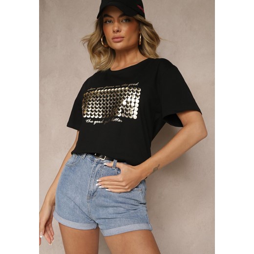 Czarny T-shirt z Bawełny z Naszytymi Cekinami Avenelli ze sklepu renee.pl w kategorii Bluzki damskie - zdjęcie 182592907