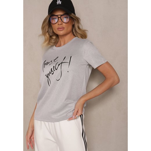 Jasnoszary T-shirt Zdobiony Napisem z Brokatem Tezilea ze sklepu renee.pl w kategorii Bluzki damskie - zdjęcie 182592937