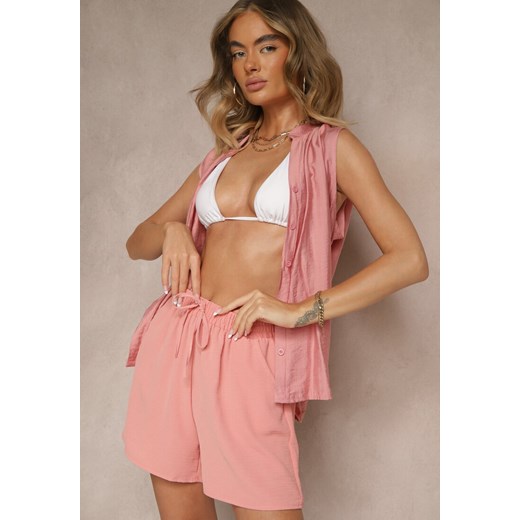 Różowe Szorty High Waist Ozdobione Sznurkiem Lunevia ze sklepu renee.pl w kategorii Szorty - zdjęcie 182593055