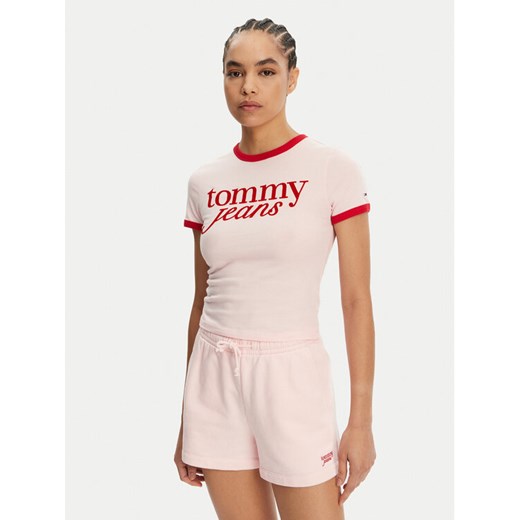 Tommy Jeans T-Shirt Script Ringer DW0DW20631 Różowy Slim Fit ze sklepu MODIVO w kategorii Bluzki damskie - zdjęcie 182596729