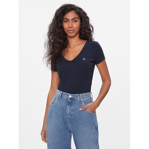 Tommy Jeans T-Shirt Tjw Slim Essential Rib V Ss DW0DW17385 Granatowy Slim Fit ze sklepu MODIVO w kategorii Bluzki damskie - zdjęcie 182597278