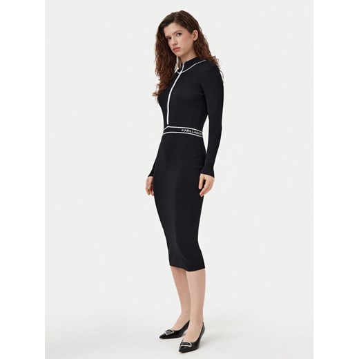 KARL LAGERFELD Sukienka dzianinowa A1W13027 Czarny Slim Fit ze sklepu MODIVO w kategorii Sukienki - zdjęcie 182603238