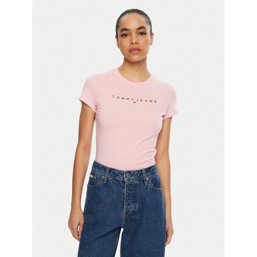 Tommy Jeans T-Shirt Linear DW0DW18398 Różowy Slim Fit ze sklepu MODIVO w kategorii Bluzki damskie - zdjęcie 182612039