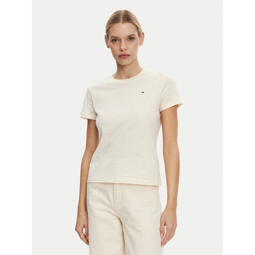 Tommy Hilfiger T-Shirt Slub WW0WW44433 Beżowy Slim Fit ze sklepu MODIVO w kategorii Bluzki damskie - zdjęcie 182612648