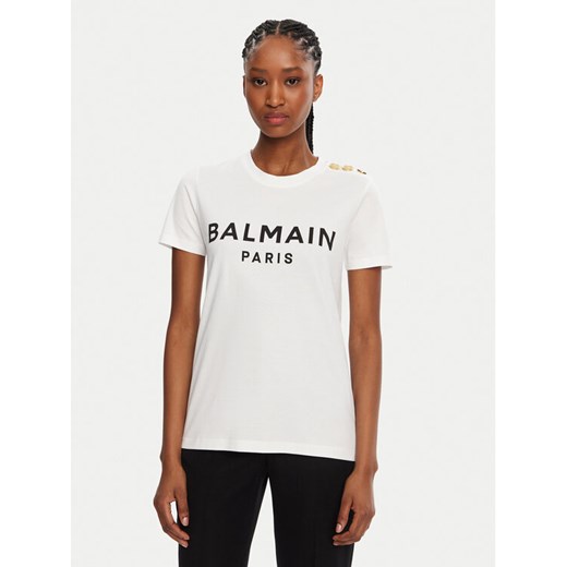 Balmain T-Shirt BF1EF005BB02 Biały Regular Fit ze sklepu MODIVO w kategorii Bluzki damskie - zdjęcie 182621928