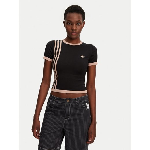 adidas T-Shirt Knitted 3-Stripes JJ0960 Czarny Slim Fit ze sklepu MODIVO w kategorii Bluzki damskie - zdjęcie 182625036