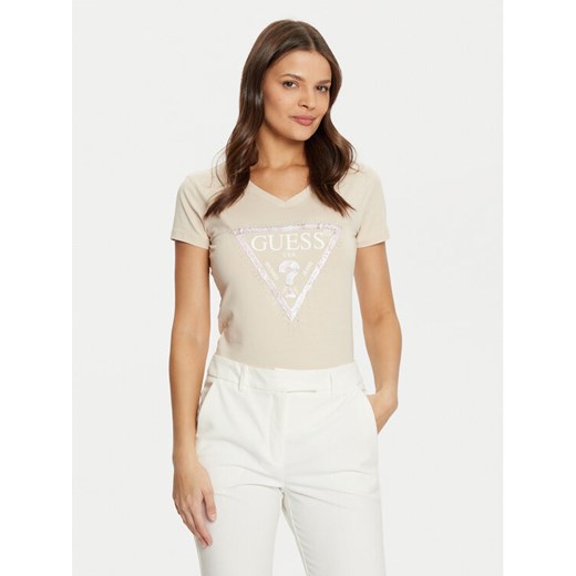 Guess T-Shirt W5RI21 J1314 Beżowy Regular Fit ze sklepu MODIVO w kategorii Bluzki damskie - zdjęcie 182625048