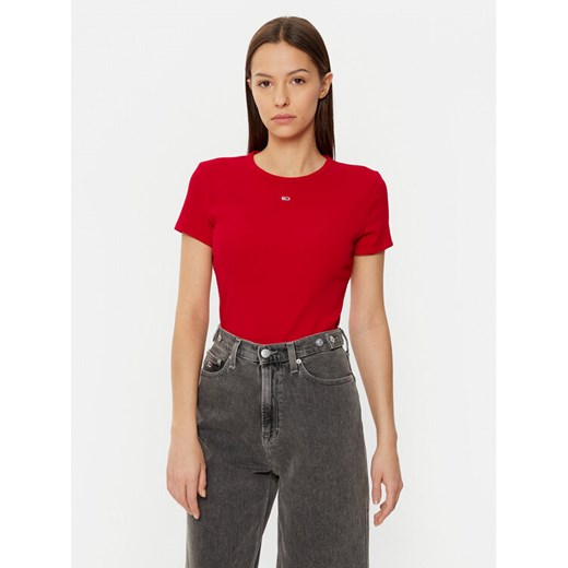 Tommy Jeans T-Shirt Essential DW0DW17383 Czerwony Slim Fit ze sklepu MODIVO w kategorii Bluzki damskie - zdjęcie 182625675