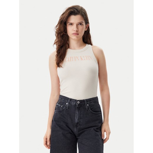 Calvin Klein Jeans Top Varsity J20J225520 Beżowy Slim Fit ze sklepu MODIVO w kategorii Bluzki damskie - zdjęcie 182629899