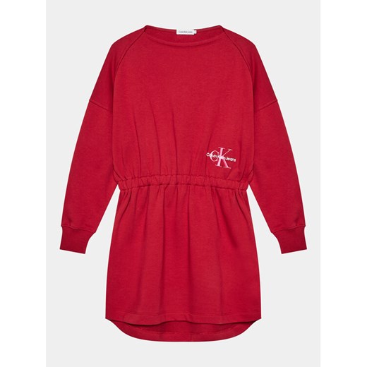 Calvin Klein Jeans Sukienka dzianinowa Monogram IG0IG02316 D Czerwony Relaxed Fit ze sklepu MODIVO w kategorii Sukienki dziewczęce - zdjęcie 182633139