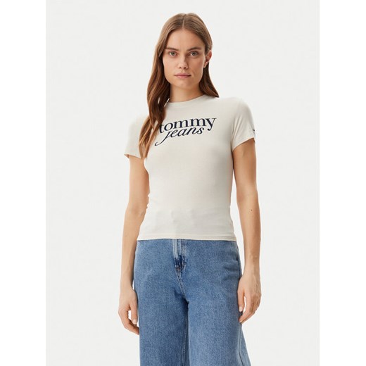 Tommy Jeans T-Shirt Essential DW0DW19447 Beżowy Slim Fit ze sklepu MODIVO w kategorii Bluzki damskie - zdjęcie 182634755