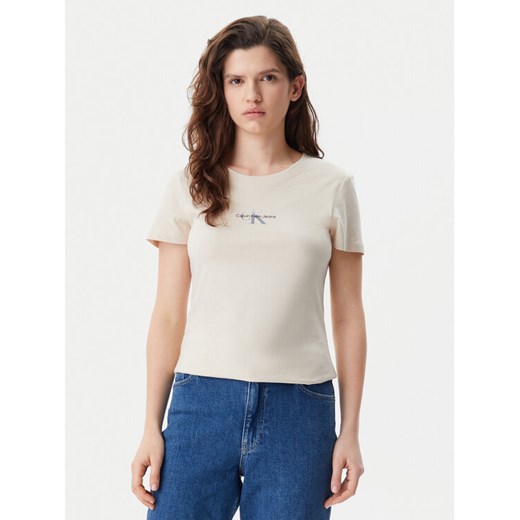 Calvin Klein Jeans T-Shirt Gradient Monologo J20J225252 Beżowy Slim Fit ze sklepu MODIVO w kategorii Bluzki damskie - zdjęcie 182636947
