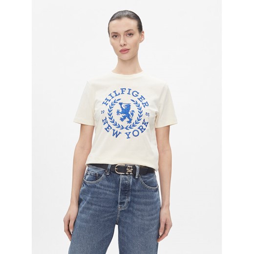Tommy Hilfiger T-Shirt Reg Crest C-Nk Tee Ss WW0WW41058 Écru Regular Fit ze sklepu MODIVO w kategorii Bluzki damskie - zdjęcie 182643585