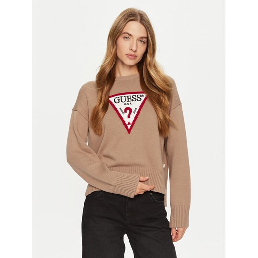 Guess Jeans Sweter W4BR12 Z3HM1 Brązowy Regular Fit ze sklepu MODIVO w kategorii Swetry damskie - zdjęcie 182646206