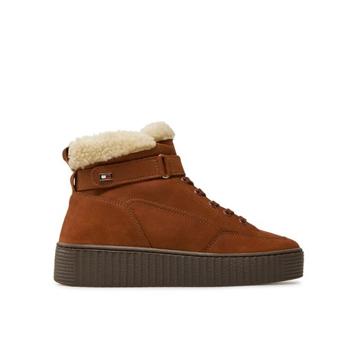 Tommy Hilfiger Botki Faux Fur Nubuck Low Lace-Up FW0FW08172 Brązowy ze sklepu MODIVO w kategorii Botki - zdjęcie 182658776