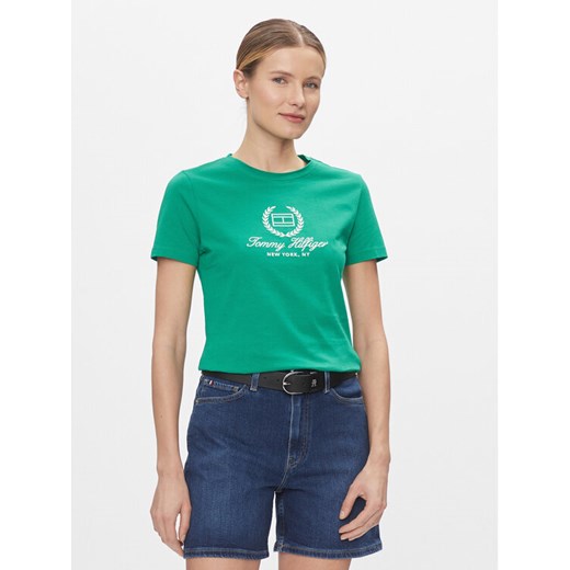 Tommy Hilfiger T-Shirt Flag Script WW0WW41761 Zielony Slim Fit ze sklepu MODIVO w kategorii Bluzki damskie - zdjęcie 182662037
