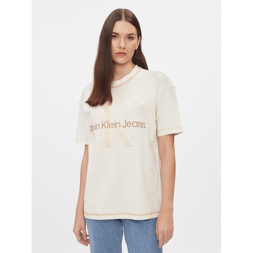 Calvin Klein Jeans T-Shirt Hero Monologo J20J222974 Écru Boyfriend Fit ze sklepu MODIVO w kategorii Bluzki damskie - zdjęcie 182669337