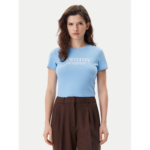 Tommy Jeans T-Shirt Essential DW0DW19447 Błękitny Slim Fit ze sklepu MODIVO w kategorii Bluzki damskie - zdjęcie 182670398