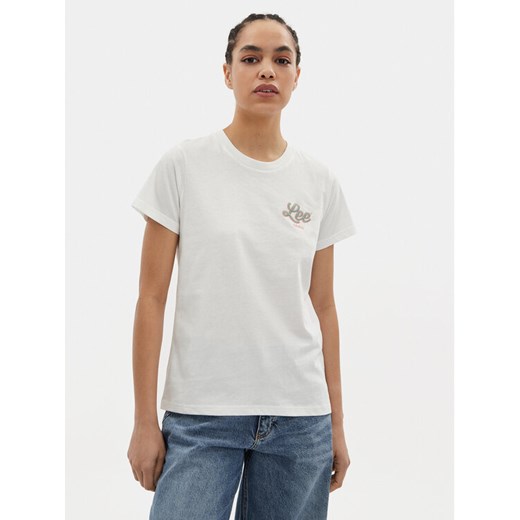 Lee T-Shirt Small Logo 112350196 Écru Regular Fit ze sklepu MODIVO w kategorii Bluzki damskie - zdjęcie 182677675