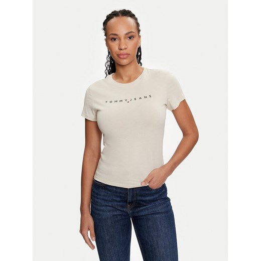 Tommy Jeans T-Shirt Linear DW0DW18398 Beżowy Slim Fit ze sklepu MODIVO w kategorii Bluzki damskie - zdjęcie 182682598