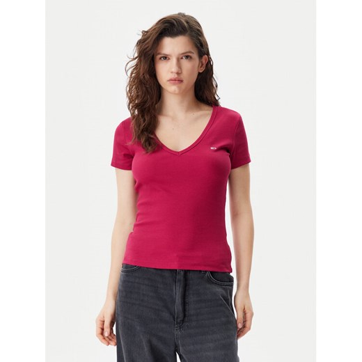 Tommy Jeans T-Shirt Essential DW0DW17385 Różowy Slim Fit ze sklepu MODIVO w kategorii Bluzki damskie - zdjęcie 182682618