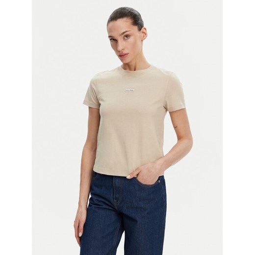 Calvin Klein Jeans T-Shirt Placed Institutional J20J225524 Beżowy Slim Fit ze sklepu MODIVO w kategorii Bluzki damskie - zdjęcie 182686268