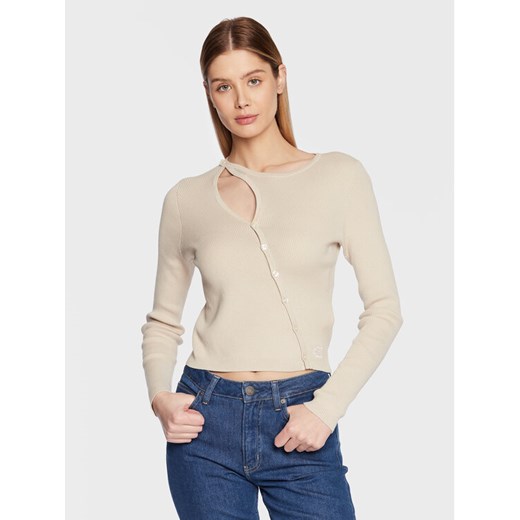 Calvin Klein Jeans Kardigan J20J220707 Beżowy Regular Fit ze sklepu MODIVO w kategorii Swetry damskie - zdjęcie 182686609