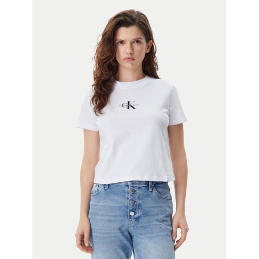 Calvin Klein Jeans T-Shirt Baby Tee J20J223113 Biały Slim Fit ze sklepu MODIVO w kategorii Bluzki damskie - zdjęcie 182688396