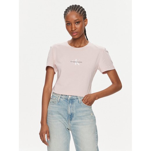 Calvin Klein Jeans T-Shirt Monologo Slim Tee J20J222564 Różowy Slim Fit ze sklepu MODIVO w kategorii Bluzki damskie - zdjęcie 182692288