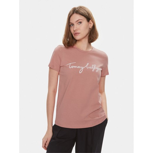 Tommy Hilfiger T-Shirt Signature WW0WW41674 Różowy Regular Fit ze sklepu MODIVO w kategorii Bluzki damskie - zdjęcie 182697385