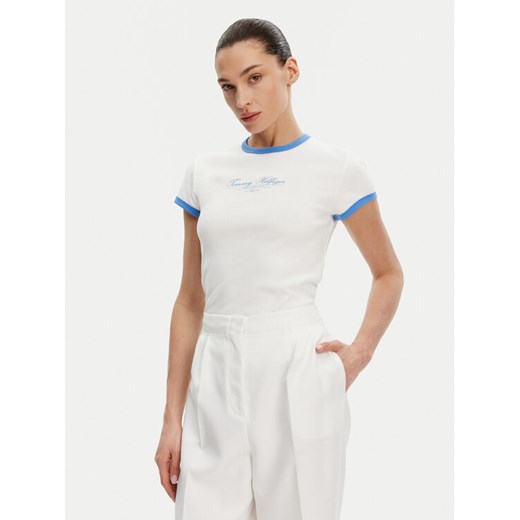 Tommy Hilfiger T-Shirt WW0WW44581 Écru Slim Fit ze sklepu MODIVO w kategorii Bluzki damskie - zdjęcie 182697497
