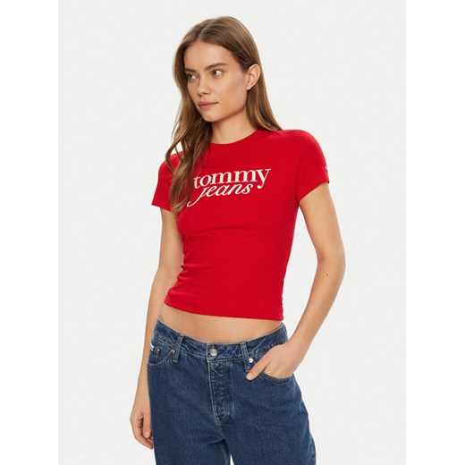 Tommy Jeans T-Shirt Essential DW0DW19447 Czerwony Slim Fit ze sklepu MODIVO w kategorii Bluzki damskie - zdjęcie 182700717