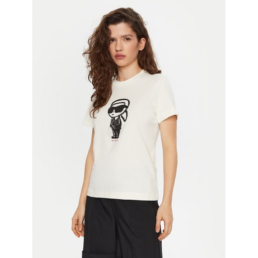 KARL LAGERFELD T-Shirt A1W17126 Écru Regular Fit ze sklepu MODIVO w kategorii Bluzki damskie - zdjęcie 182706005