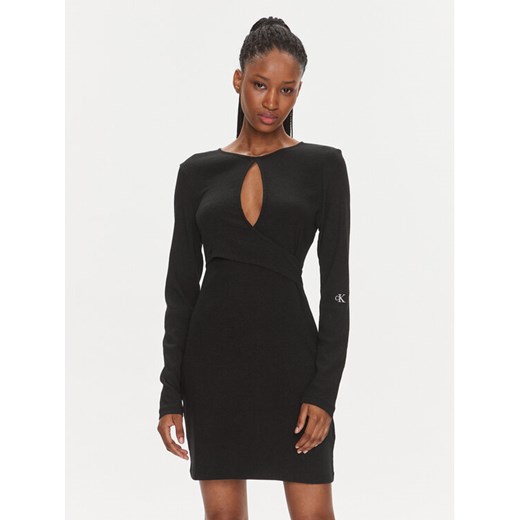 Calvin Klein Jeans Sukienka koktajlowa Front Split Wrap Ls Dress J20J222516 Czarny Slim Fit ze sklepu MODIVO w kategorii Sukienki - zdjęcie 182708237