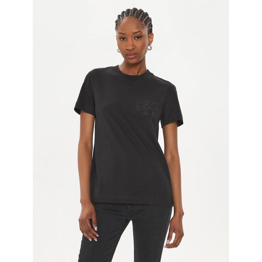 Calvin Klein Jeans T-Shirt Satin Applique J20J223925 Czarny Regular Fit ze sklepu MODIVO w kategorii Bluzki damskie - zdjęcie 182713277