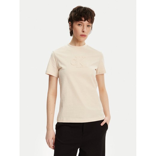 Calvin Klein Jeans T-Shirt J20J225256 Beżowy Regular Fit ze sklepu MODIVO w kategorii Bluzki damskie - zdjęcie 182718446